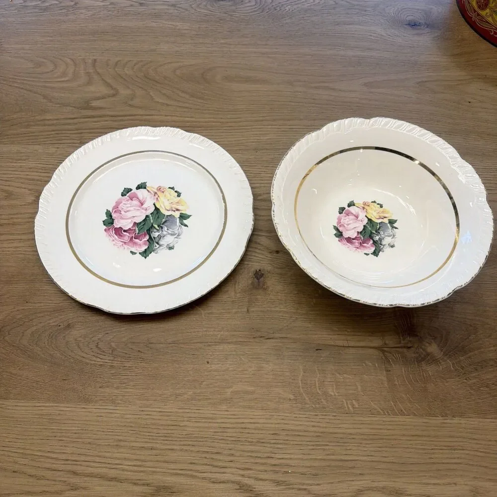 5 Piece Vintage American Limoges Janis R132 22k Gold Serving Bowl,  Plate-3 bowl